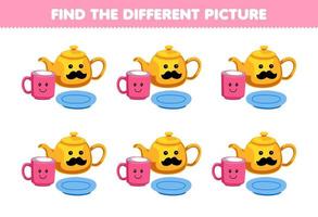 Education game for children find the different picture of cute cartoon teapot mug and plate printable tool worksheet vector