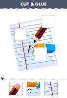 Education game for children cut and glue cut parts of cute cartoon paper pencil and eraser picture printable tool worksheet vector