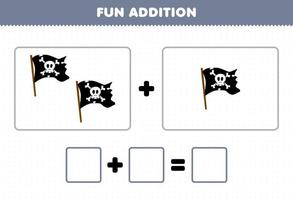 Education game for children fun addition by counting cute cartoon flag pictures printable pirate worksheet vector