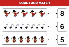 Education game for children count the number of cute cartoon parrot hook captain character and match with the right numbers printable pirate worksheet vector