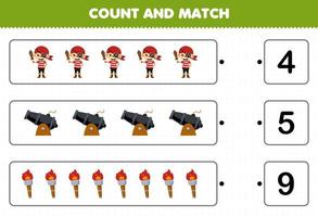 Education game for children count the number of cute cartoon boy cannon torch and match with the right numbers printable pirate worksheet vector