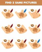 Education game for children find two same pictures of cute cartoon treasure map printable pirate worksheet vector