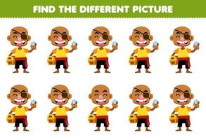 Education game for children find the different picture of cute cartoon bald man printable pirate worksheet vector