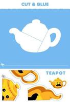 Education game for children cut and glue puzzle of cute cartoon teapot picture printable tool worksheet vector