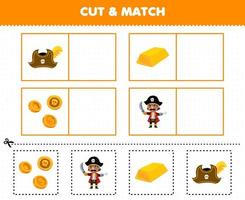 Education game for children cut and match the same picture of cute cartoon hat gold and coin printable pirate worksheet vector