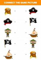 Education game for children connect the same picture of cartoon treasure hat flag ship printable pirate worksheet vector