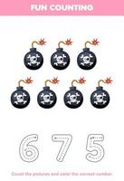 Education game for children count the pictures and color the correct number from cute cartoon bomb printable pirate worksheet vector