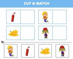 Education game for children cut and match the same picture of cute cartoon mermaid dynamite treasure printable pirate worksheet vector