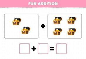 Education game for children fun addition by counting cute cartoon treasure chest pictures printable pirate worksheet vector