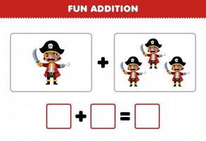 Education game for children fun addition by counting cute cartoon captain pictures printable pirate worksheet vector