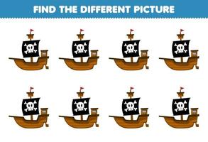 Education game for children find the different picture of cute cartoon ship printable pirate worksheet vector