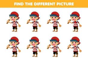 Education game for children find the different picture of cute cartoon boy printable pirate worksheet vector