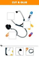 Education game for children cut and glue cut parts of cute cartoon stethoscope thermometer and medicine picture printable tool worksheet vector