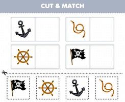 Education game for children cut and match the same picture of cute cartoon flag wheel anchor rope printable pirate worksheet vector