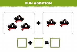 Education game for children fun addition by counting cute cartoon hat pictures printable pirate worksheet vector