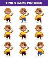 Education game for children find two same pictures of cute cartoon bald man printable pirate worksheet vector