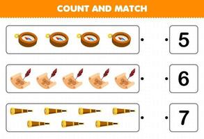 Education game for children count the number of cute cartoon compass treasure map spyglass and match with the right numbers printable pirate worksheet vector