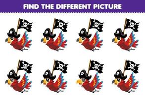 Education game for children find the different picture of cute cartoon parrot carrying flag printable pirate worksheet vector
