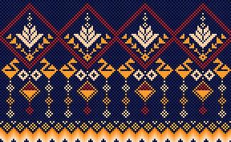 Geometric ethnic pattern, Vector embroidery ethnic background, Orange and red Pixel diagonal ornate style