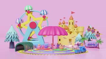 3d amusement park concept with tea cup ride, pilot, propeller plane, railroad tracks, tunnel, ferris wheel, ice cream showcases, landscape, castle, towers isolated on pink background. 3d animation video