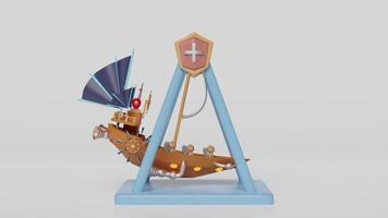 3d amusement park concept with viking ship isolated on white background. 3d animation video