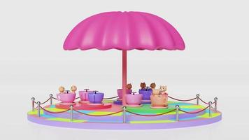 3d amusement park concept with tea cup ride isolated on white background. 3d animation video
