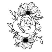 Hand drawn outline flowers. Line art roses, anemones, branches and leaves. Floral coloring page. Doodle flowers on white background. Vector sketch illustration.