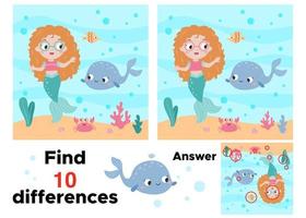 encontrar diferencias educativo juego para niños. linda dibujos animados sirena, ballena y cangrejo. hada cuento. actividad hoja de cálculo con rompecabezas. vector ilustración.