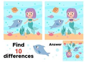 Find differences. Educational game for kids. Cute mermaid with dolphin, fish and crab. Fairy tale characters. Activity worksheet. Vector illustration.