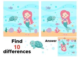 Find 10 differences. Educational game for children. Underwater theme. Fairy tale character. Cute sea animals. Puzzle game. Activity worksheet. Vector illustration.