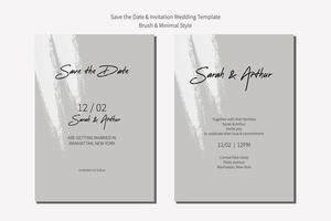 Save the date and wedding invitation modern card template with brush stroke and minimal style. vector