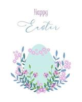 Easter card with sprigs of plants and flowers and eggs. Vector illustration of an egg in pastel colors.