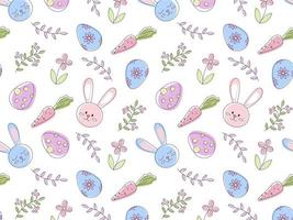 Seamless Easter pattern with eggs and bunnies in pastel colors. Pattern from eggs and twigs of plants and rabbits. Vector illustration for fabric, backgrounds, packaging