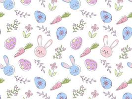 Seamless Easter pattern with eggs and bunnies in pastel colors. Pattern from eggs and twigs of plants and rabbits. Vector illustration for fabric, backgrounds, packaging