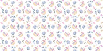 Seamless Easter pattern with eggs and a basket in pastel colors. Pattern from eggs and twigs of plants and baskets with eggs. Vector illustration for fabric, background, packaging