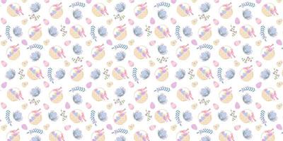 Seamless Easter pattern with eggs and a basket in pastel colors. Pattern from eggs and twigs of plants and baskets with eggs. Vector illustration for fabric, background, packaging