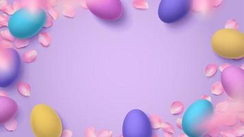 Painted volumetric Easter eggs and 3D rose petals on lilac background. Bright vector illustration with place for text, copy space. Multi-colored wallpaper for spring Christian holiday.