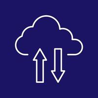 Simple vector data upload and download arrow and cloud, thin line icon style dark blue background, internet online data transfer, information access to database cloud computing concept.