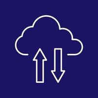 Simple vector data upload and download arrow and cloud, thin line icon style dark blue background, internet online data transfer, information access to database cloud computing concept.