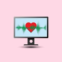 Vector heart beat wave and heart icon on the computer monitor pink background, healthy and online doctor consult concept small shadow, artboard 4000x4000 pixel