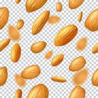 Seamless vector pattern with flying almonds on transparent background. Realistic vector illustration. Template for print and packaging design, website, postcard, textile, clothing.