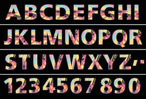 vector illustration set off decorative font, futuristic, full color alphabet, in black background