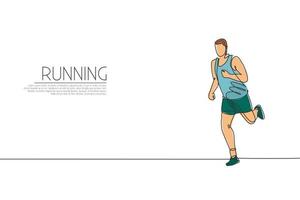 One single line drawing young energetic man runner focus run relax vector graphic illustration. Individual sports, training concept. Modern continuous line draw design for running competition banner