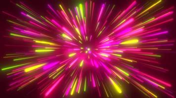 Abstract tunnel of multicolored red glowing bright neon laser energy beams lines abstract background. Video 4k