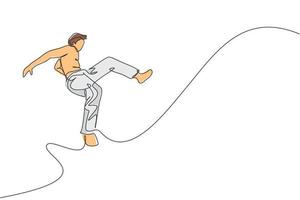 un dibujo de una sola línea de un joven enérgico bailarín de capoeira realiza una ilustración vectorial de lucha de baile de salto. concepto de deporte de estilo de vida de arte marcial tradicional. diseño moderno de dibujo de línea continua vector