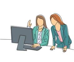 One single line drawing of two young female workers learning work skill by watching video tutorial on screen together. Video conference concept continuous line draw graphic design vector illustration