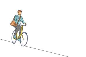 One continuous line drawing of young professional manager man cycling ride bicycle to his office. Healthy working urban lifestyle concept. Dynamic single line draw design vector illustration graphic