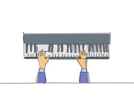 Single continuous line drawing of young happy pianist playing keyboard of grand piano on music concert orchestra, top view. Musician artist performance concept one line draw design vector illustration