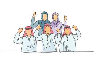 Un solo dibujo de línea continua del equipo de ventas de jóvenes musulmanes celebran su sólido trabajo en equipo. Hombres de negocios árabes de Oriente Medio con shmagh, kandura, thawb, bata de tela. Ilustración de vector de diseño de dibujo de una línea