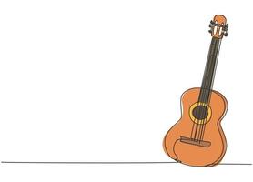 One single line drawing of wooden acoustic guitar. Trendy stringed music instruments concept continuous line graphic draw design vector illustration